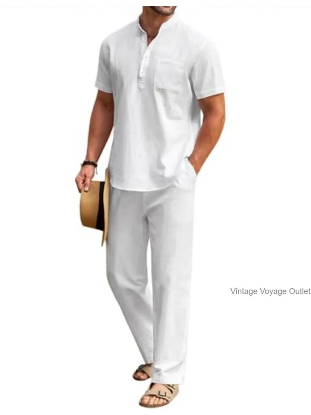 Men's 2 Piece Cotton Linen Set Henley Shirt & Pants Summer Outfit